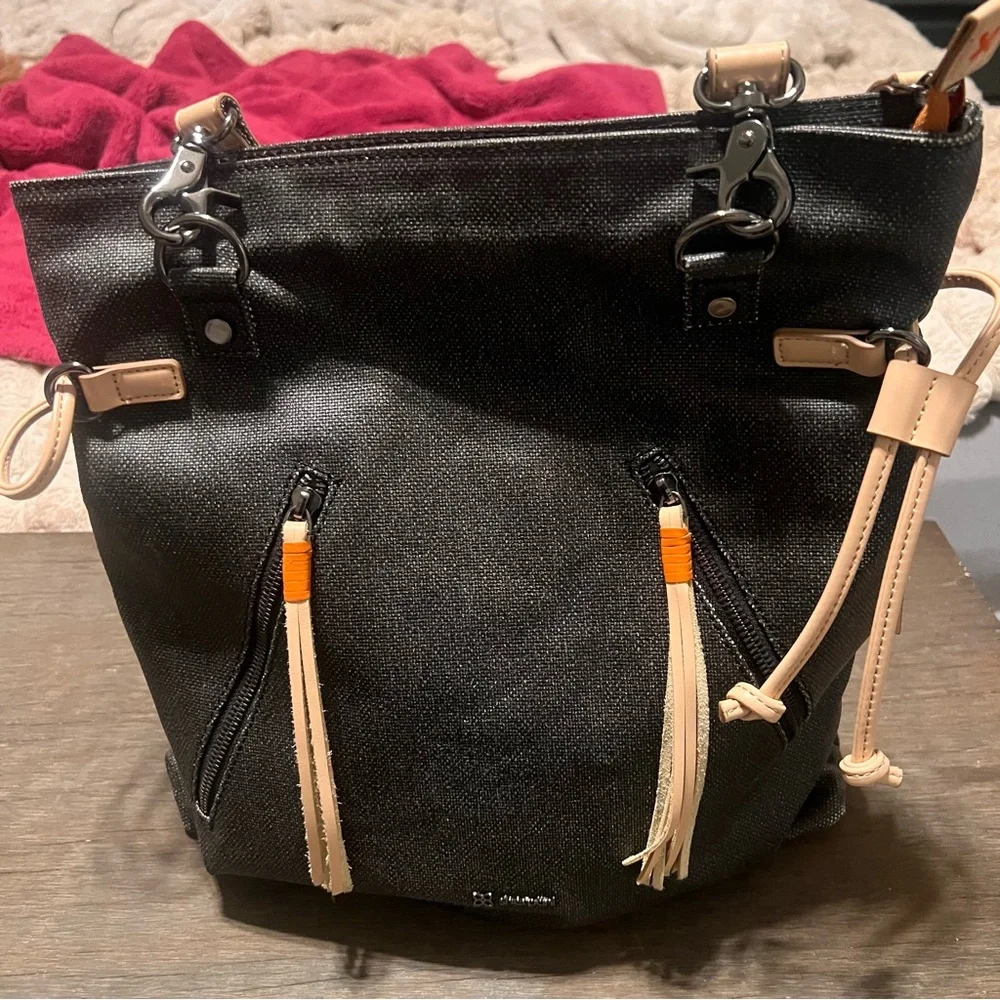 Sherpani Black and Tan Canvas Backpack with Orange Accents - Picture 2 of 10